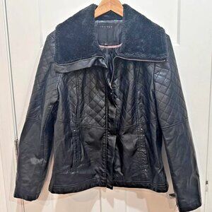 Therapy Red Quilted Black Faux Leather Jacket with Sherpa Collar, Large
